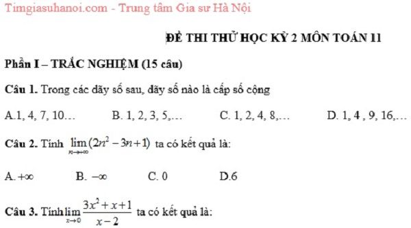 Bộ 5 đề kiểm tra học kì 2 Toán lớp 11 - THPT Kỳ Lâm, Hà Tĩnh