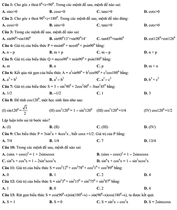 50 câu trắc nghiệm lượng giác lớp 10 có đáp án-1